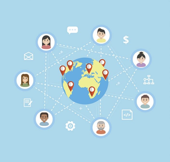 International Teamwork – vector flat illustration. Remote team work on a common project, freelance concept. Workers icons are linked around the globe.